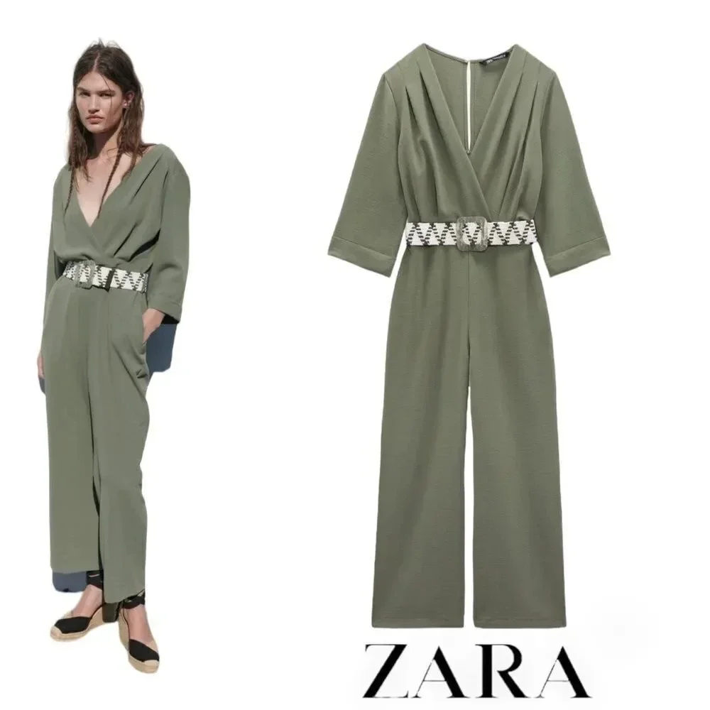 ZARA Dark Khaki Belted Wide Leg Jumpsuit XS NWT Wrap V Neck 3/4 Sleeve